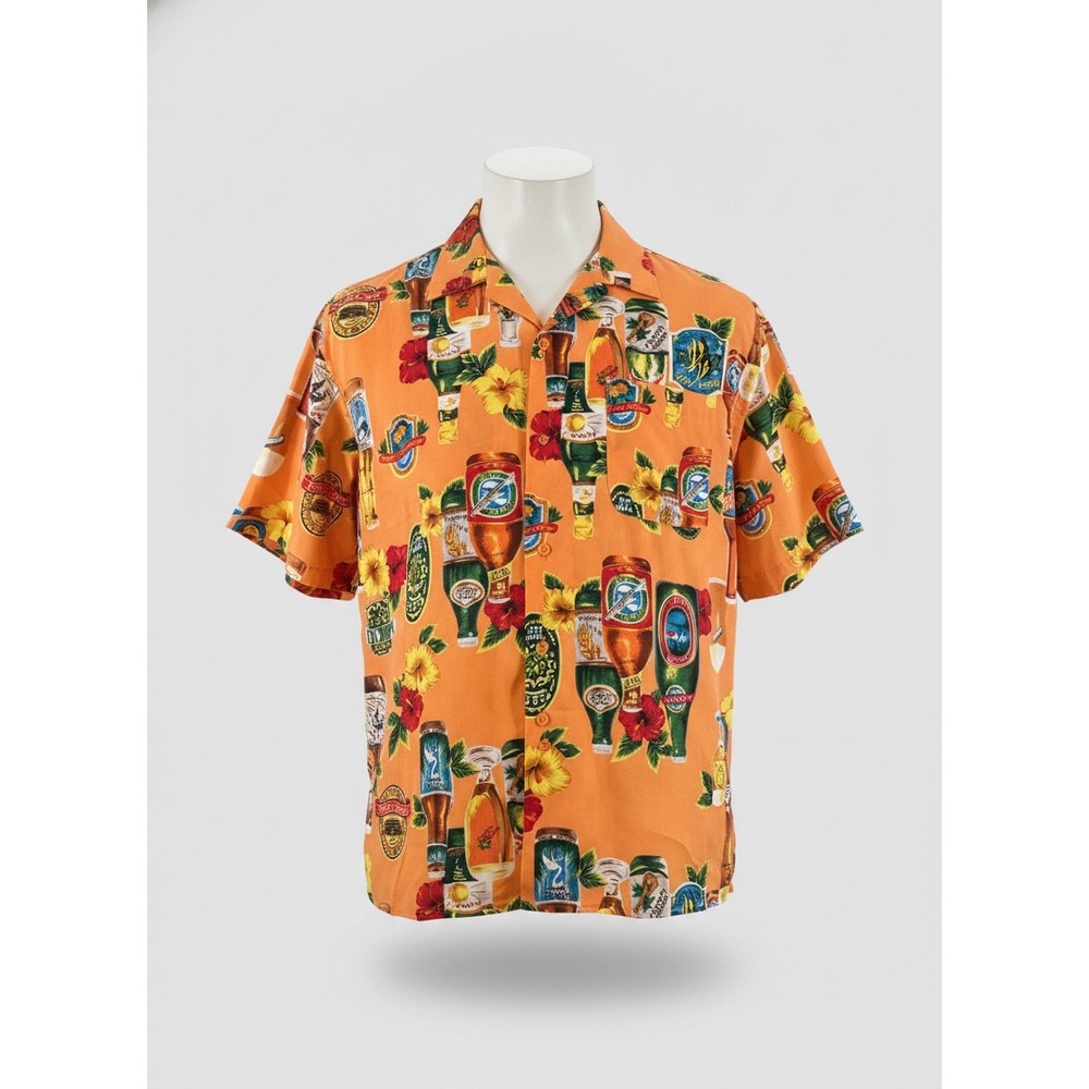 Koman Sport Mens XL Orange Tropical Beer Bottle Hibiscus Hawaiian Camp Shirt